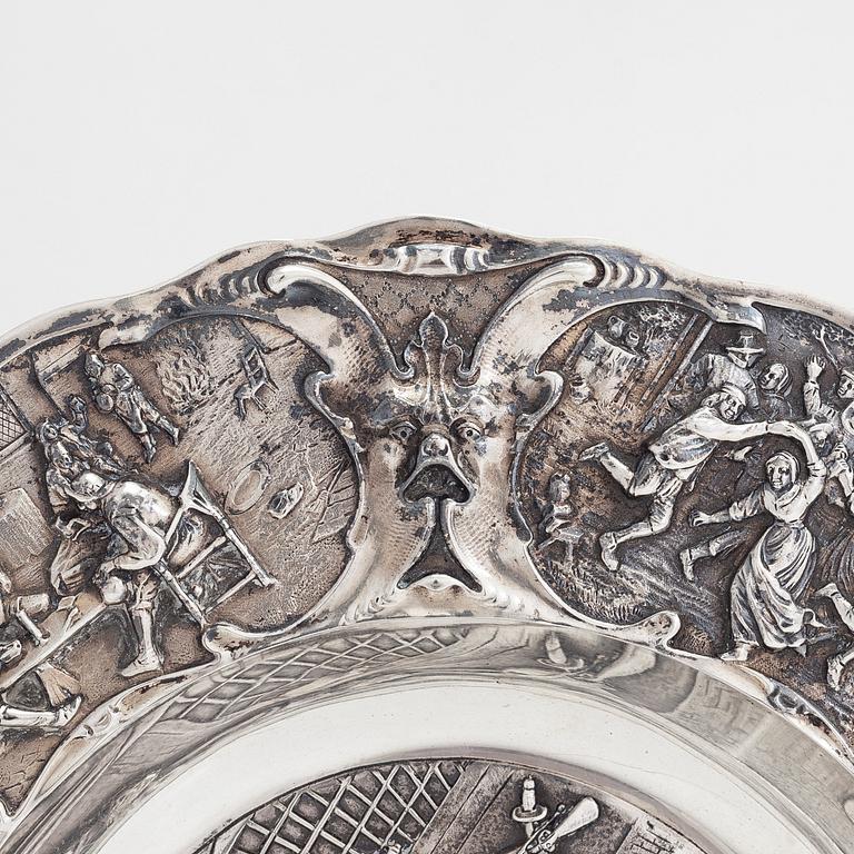 A tavern motif silver dish, maker's mark of Zaanlandse Zilversmederijen, Amsterdam, Netherlands 1961.