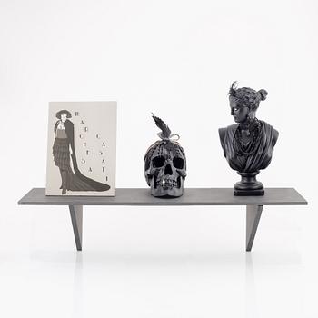 Johan Furåker, signed and dated -14. Objects, mixed media and panel on wooden shelf.