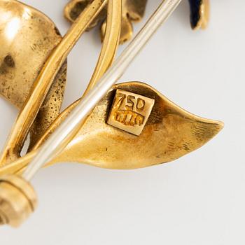 Brosch i form av en blombukett 18K guld med blå emalj.