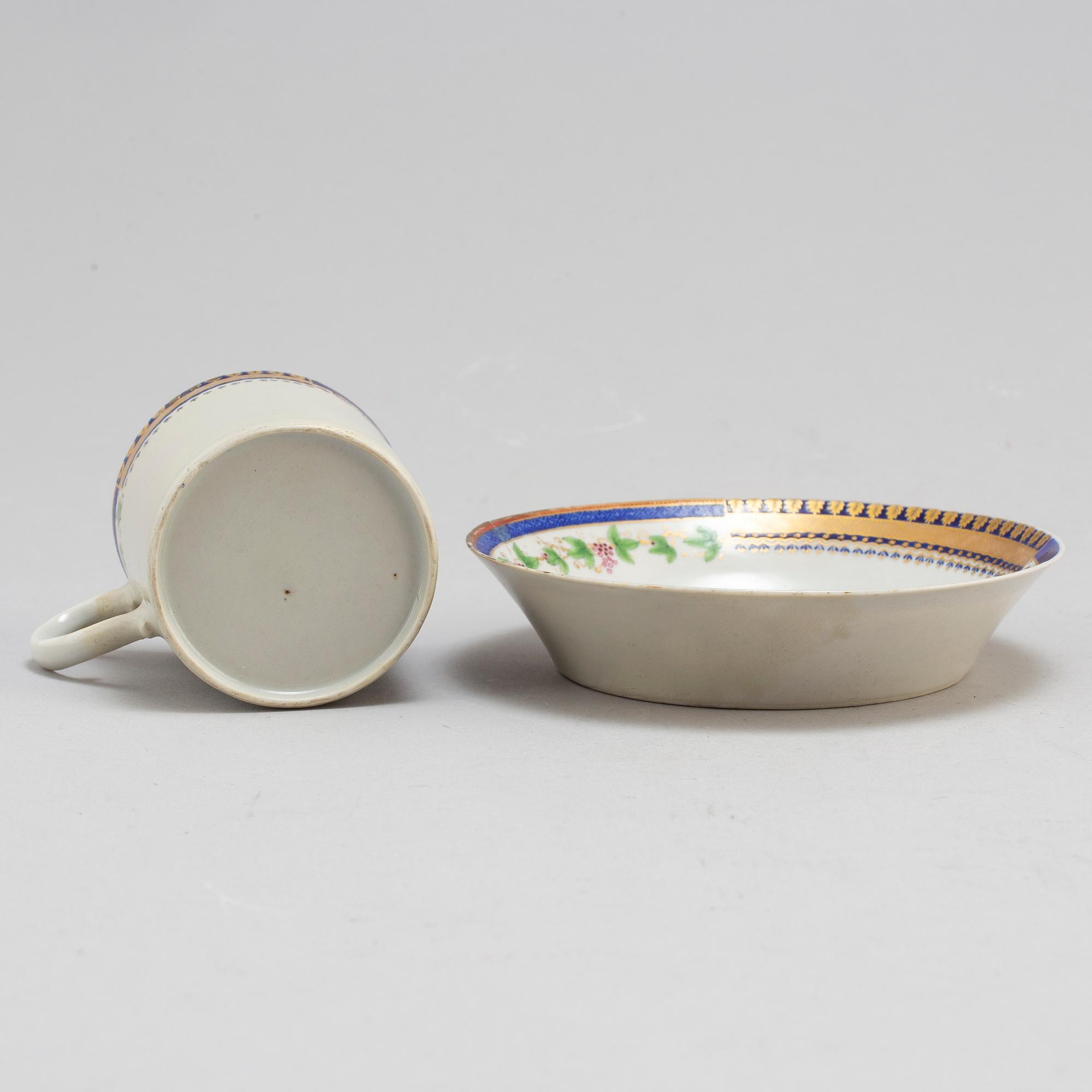 An Export 'sample pattern' cup with saucer, Qing dynasty, Qianlong (1736-95).