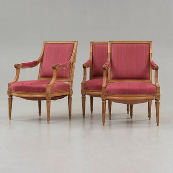 Three Louis XVI late 18th century armchairs.