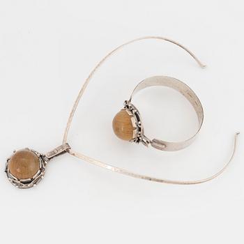 Bangle and pendant silver with cabochon cut rutile quartz, Klintz, necklace Alton.