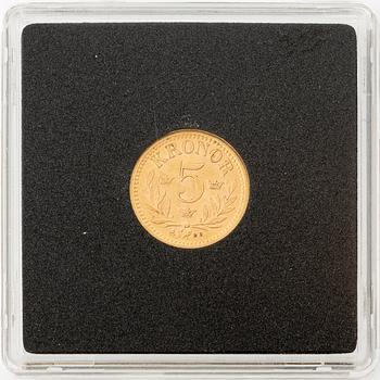 Gold coin, Oscar II, 5 kronor, type I, Sweden 1899,