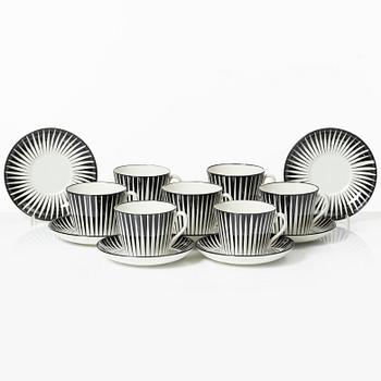 Eugen Trost, tekoppar med fat, 7 stycken, flintgods, "Zebra", Gefle, 1950-tal.