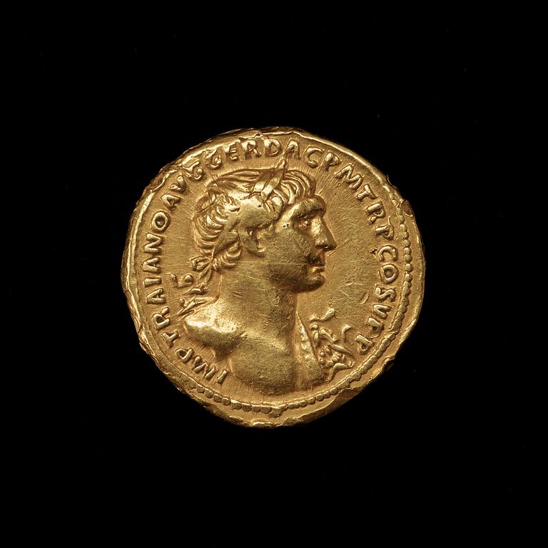 ANTIKT MYNT. Rom. Kejsardömet. Trajanus 97-117. Aureus.  Guld 7,21 g.