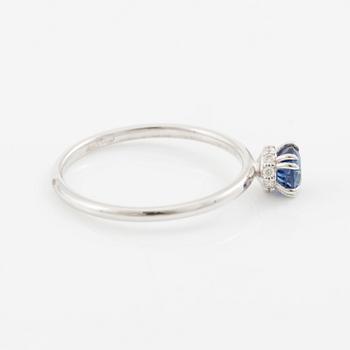Ring 14K white gold with a sapphire and small brilliant-cut diamonds.