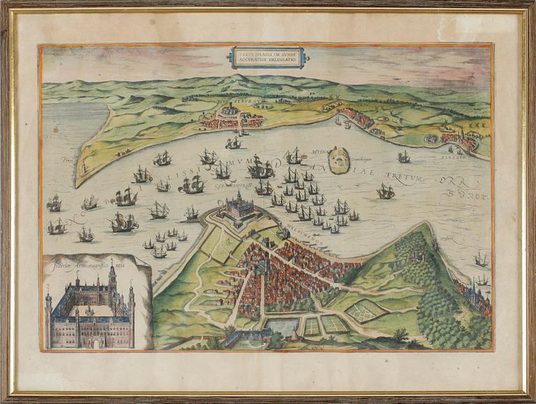 FRANS HOGENBERG, KARTA, kopparstick, handkolorerad, Öresund, 1500-/1600-tal.