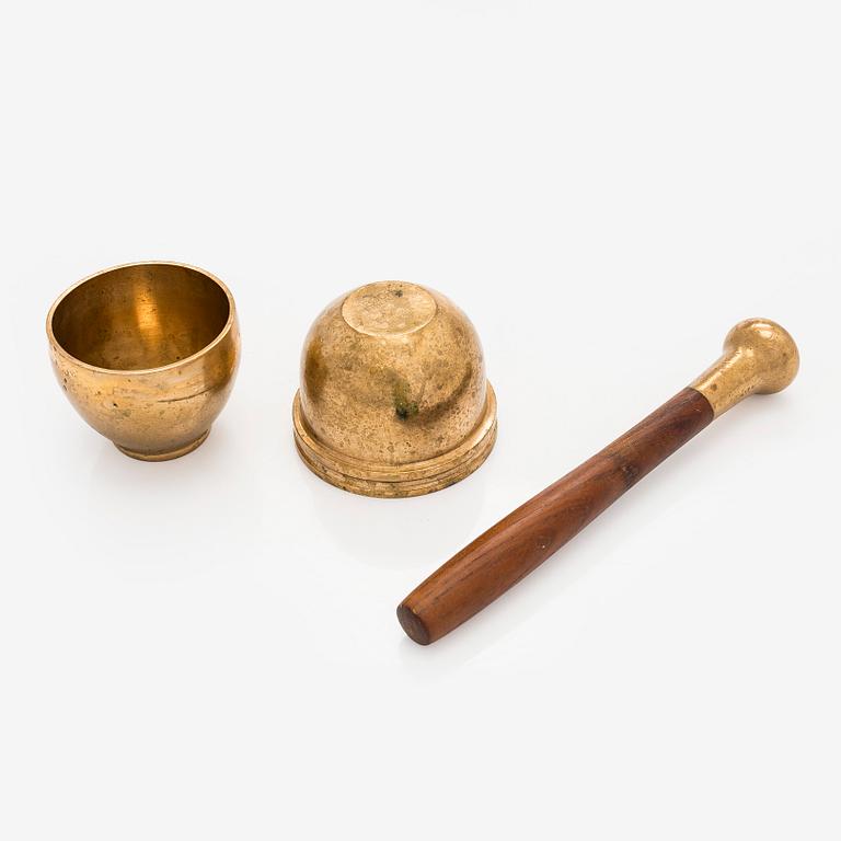Bertel Gardberg, a 1950s teak and bronze mortar, marked Gardberg, Boda Finland.