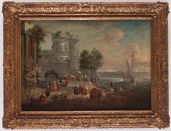 Dutch school, 17th/18th century, landscape with ruins and figures by the coast, a pair.