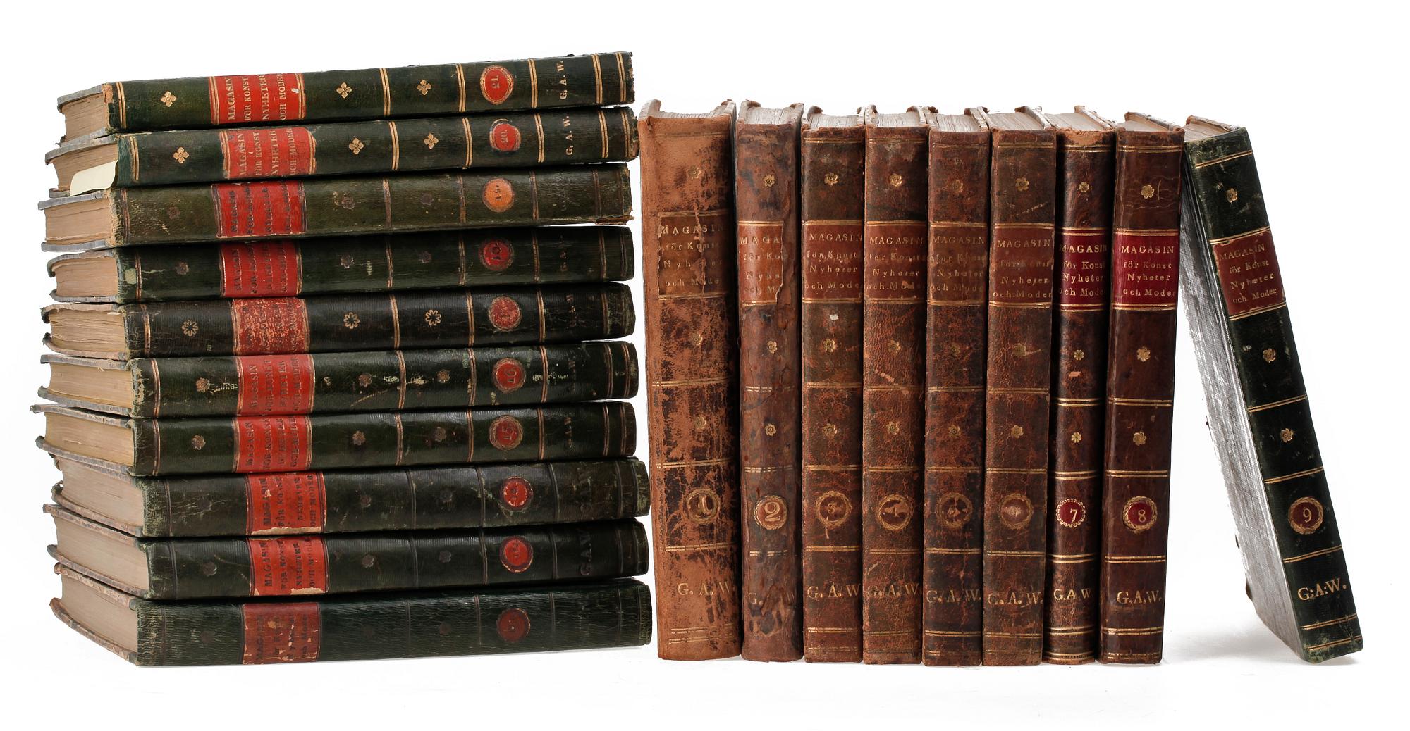 BOKVERK, 19 vol, "Magasin för Konst, Nyheter och Moder, en månadsskrift", Stockholm 1823-1844.