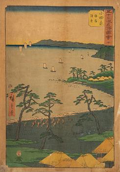 Ando Utagawa Hiroshige, two colour woodblock prints, Japan, 1855.