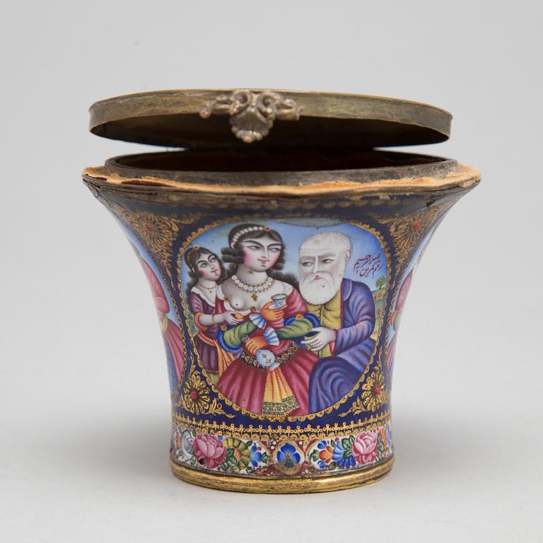 A Qajar polychrome enamelled ghalian cup, Persia, 19th century.