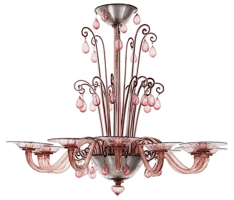 A 1930's Italian chandelier for twelve candles, attributed to Napoleone Martinuzzi, Venini, Murano, Italy 1930's.