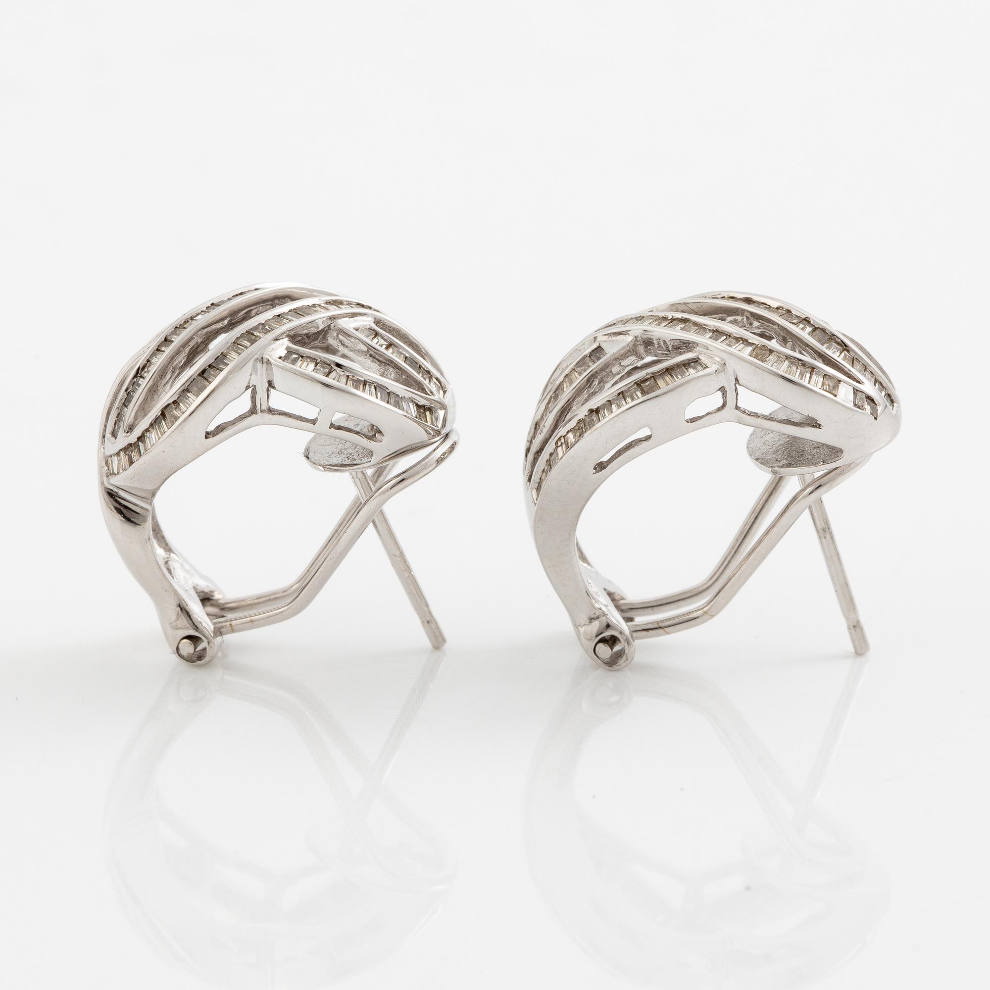 Earrings, a pair, 18K white gold with baguette-cut diamonds.