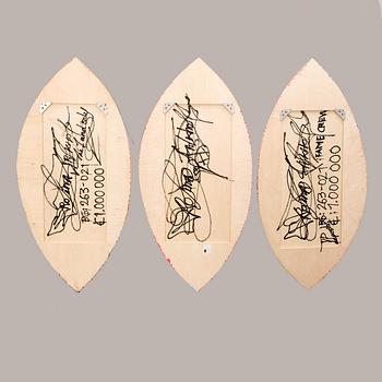 Carolina "Blue" Falkholt, triptych, mixed media on panel / board, signed on verso.