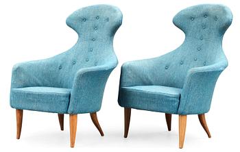 A pair of Kerstin Hörlin Holmquist easy chairs, Triva series, Nordiska Kompaniet, 1950's-60's.