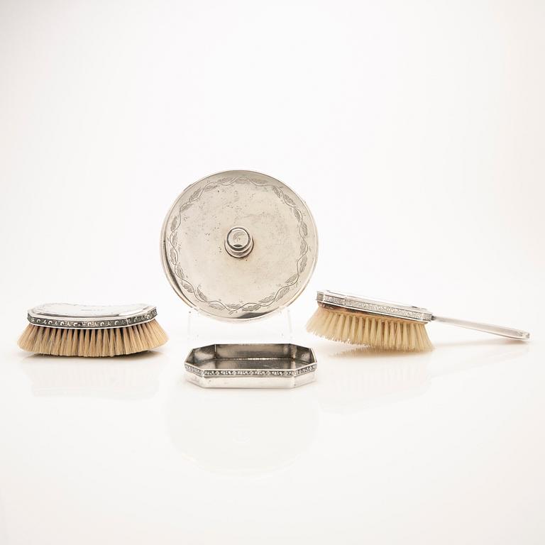 Toilet set, 4 pieces, silver, including one by Carl Petter Lampa, Stockholm 1828. The others mid-20th century.