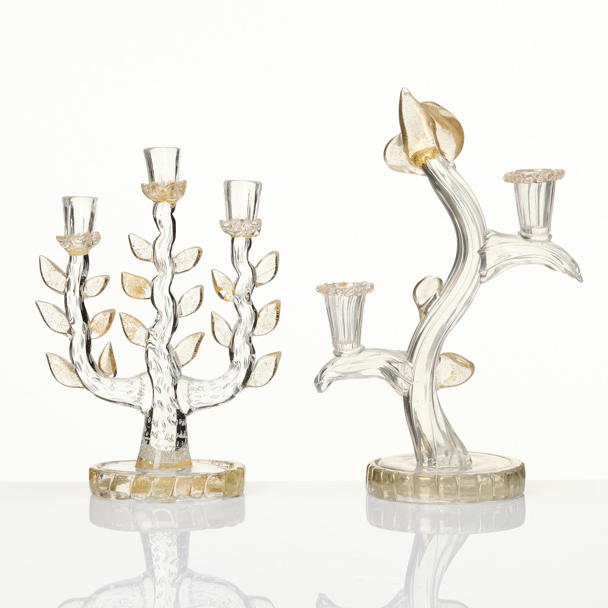 Ercole Barovier, two glass candelabra, Barovier & Toso, Murano, Italy mid 1900s.