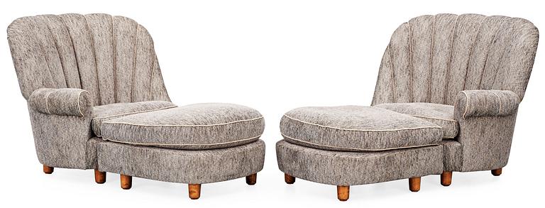 A pair of Carl Malmsten 'Redet' (The Nest) easy chairs with ottomans,