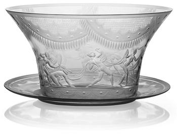 A Simon Gate engraved glass bowl with stand, "Slöjdansen", Orrefors 1924.