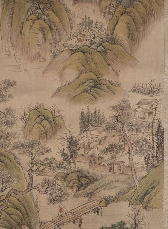 Zhang Qing (Tianma Shanmin), A mountain landscape with buildings and a man riding across a bridge in the foreground.