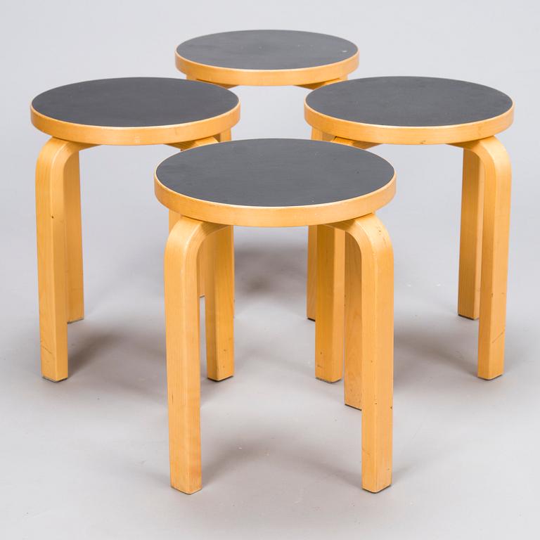 ALVAR AALTO, Set of Four 1990s E60 Stools by Artek.