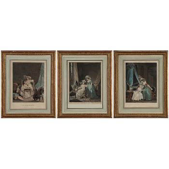 Niclas Lafrensen d.y., after. Engraver Jean Francois Janinet. Three colour engravings. I: 35.5 x 28 cm each.