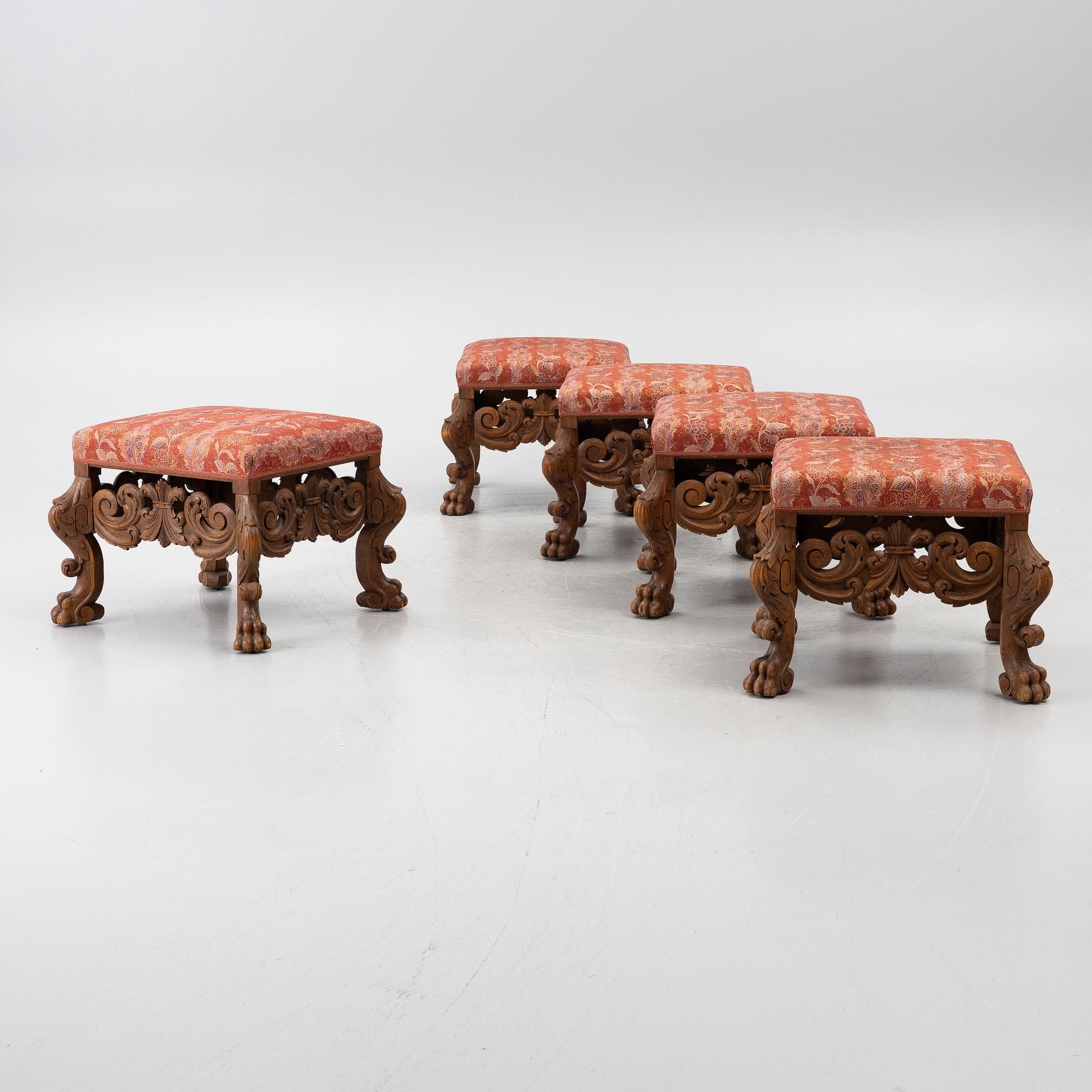 Five Baroque style stools, circa 1900.