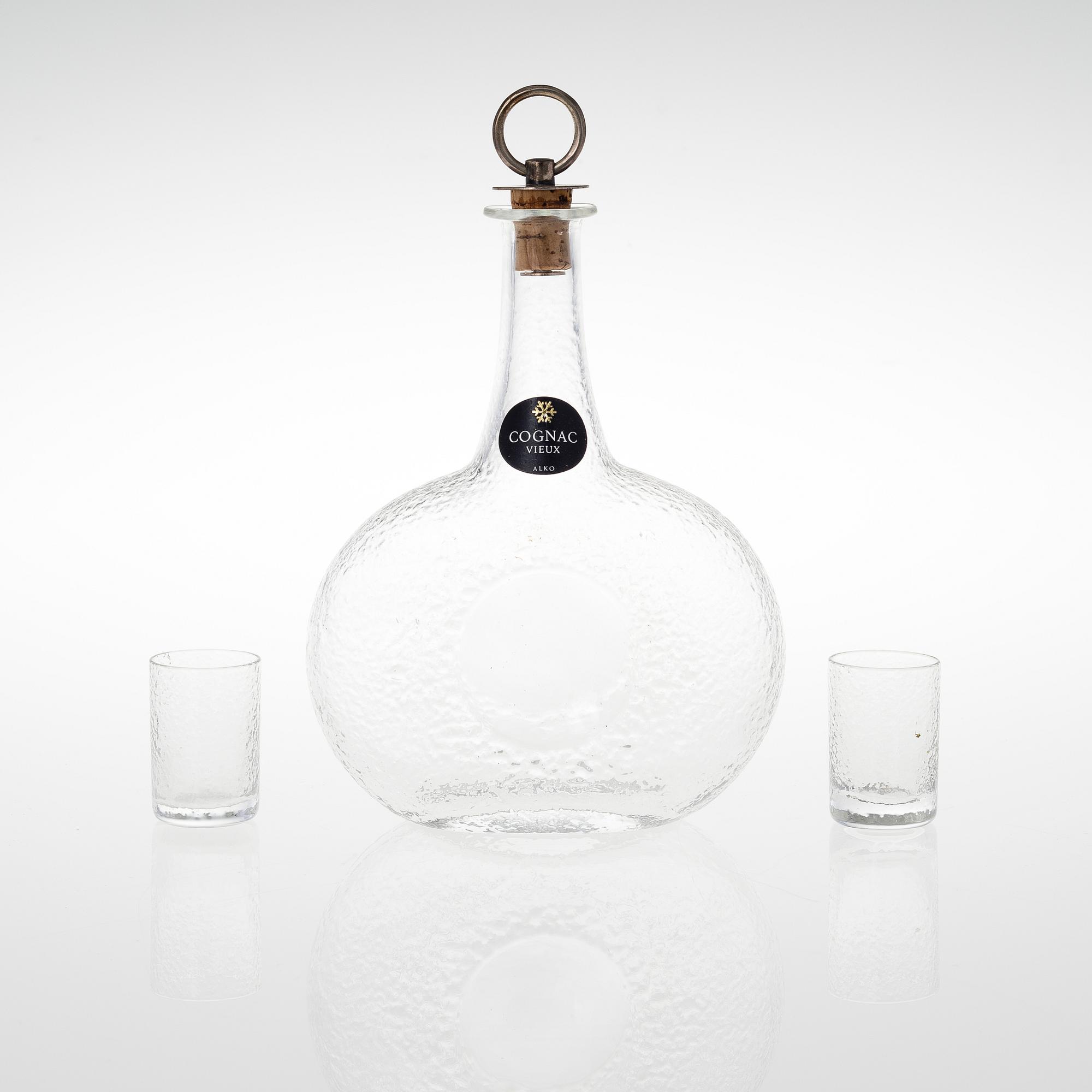 TAPIO WIRKKALA, COGNACSFLASKA OCH GLAS I SCHATULL, Tapio Wirkkala, sign. TW, 905/1000. Korken i silver, 1970.