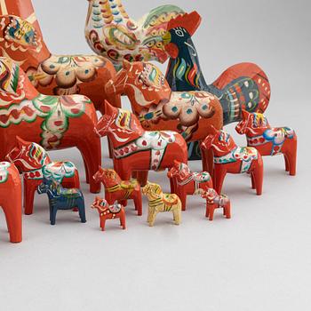 A set of painted wooden horses and roosters from Dalarna, Sweden, mid 20th century and late 20th century.