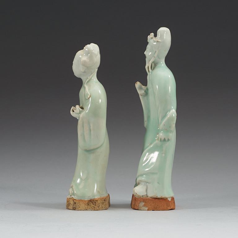 Two celadon glazed figures of daoistic deities, Qing dynasty, 18th Century.