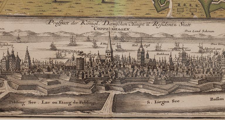 KARTA med vy över Köpenhamn, handkolorerad gravyr, M. Seutter. 1700-tal.