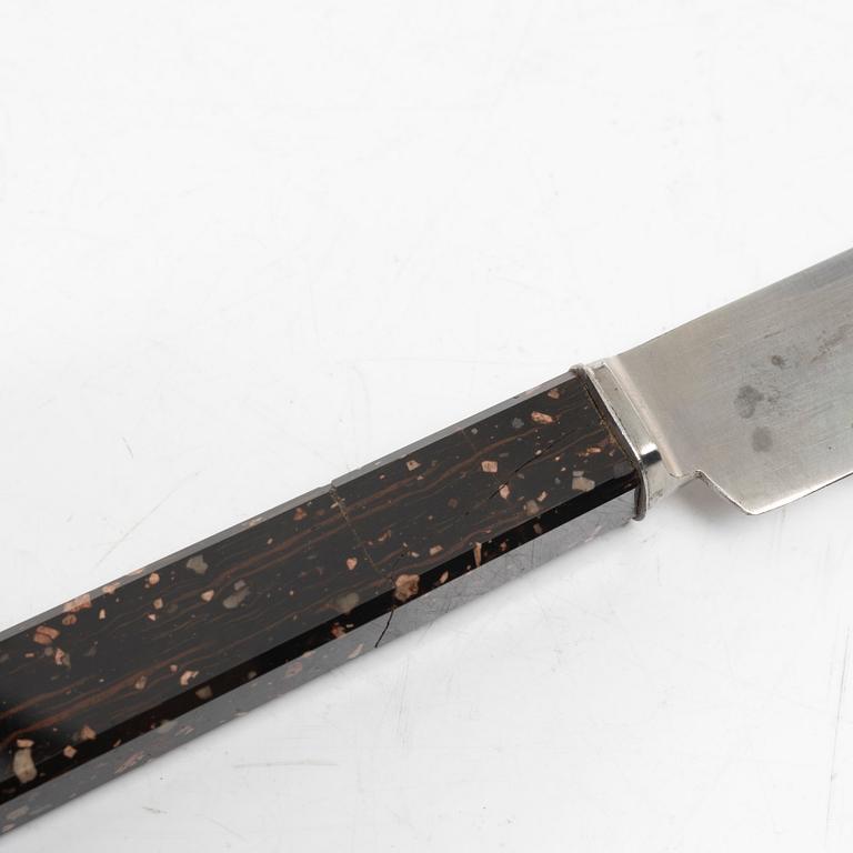 Six 19th century table knives with porphyry handles, Sweden.