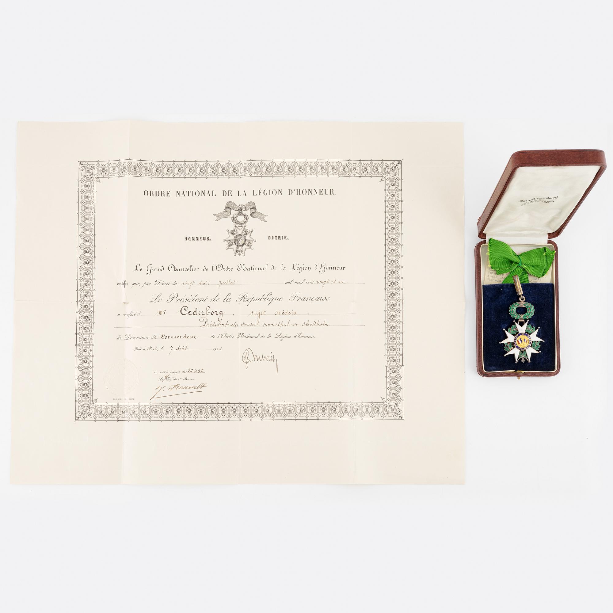 Legion of Honor, France, Commander's cross, in case with document.