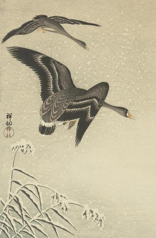 Ohara Koson, 'Wild geese in snow falling sky' and 'Falcon in the snow'.