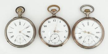 FICKUR, 3 st, låghaltigt silver 800, omkring 1900. Total vikt ca 263g.