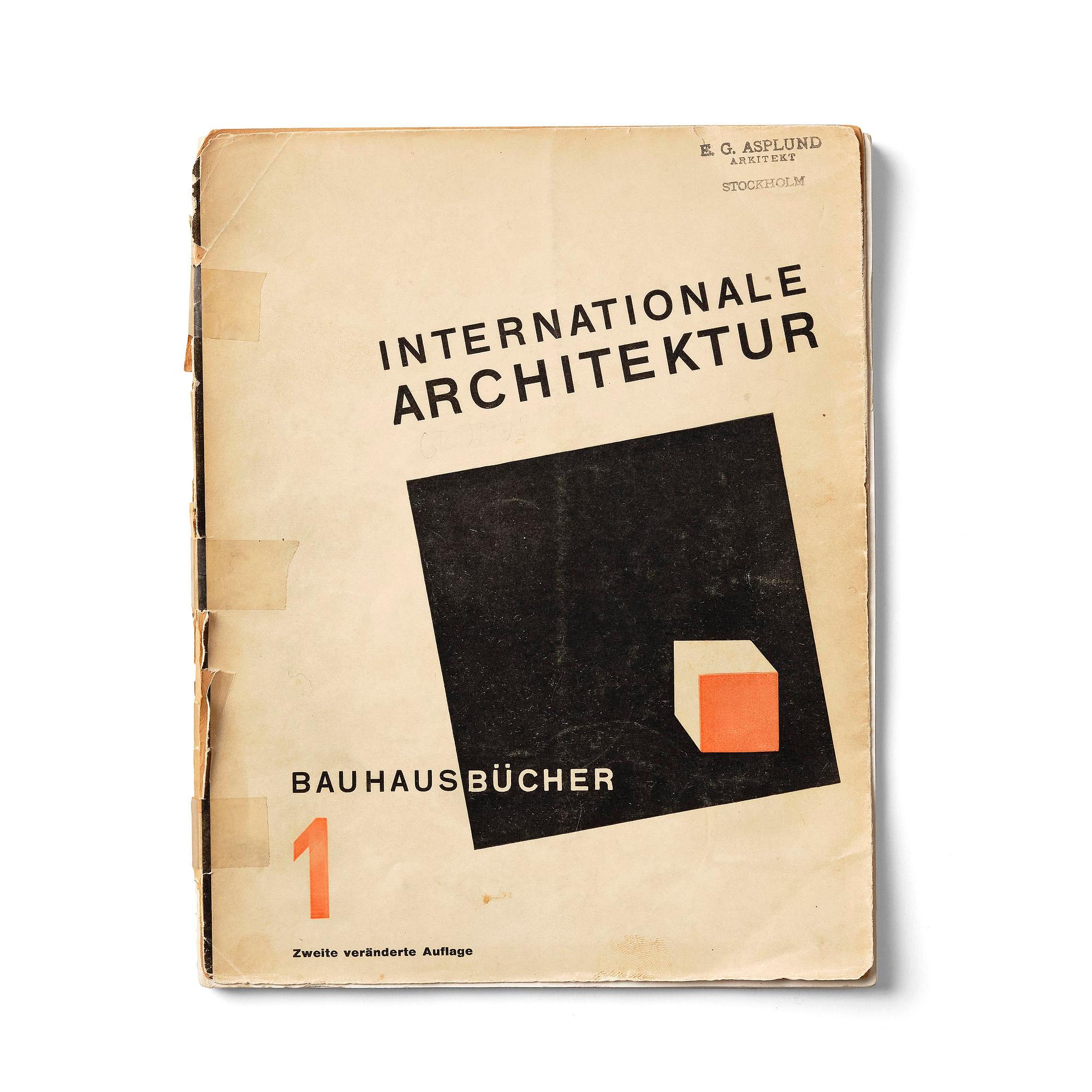 Book, Walter Gropius, "Internationale Architektur" (Bauhausbücher 1), 1927, inscribed to Gunnar Asplund.