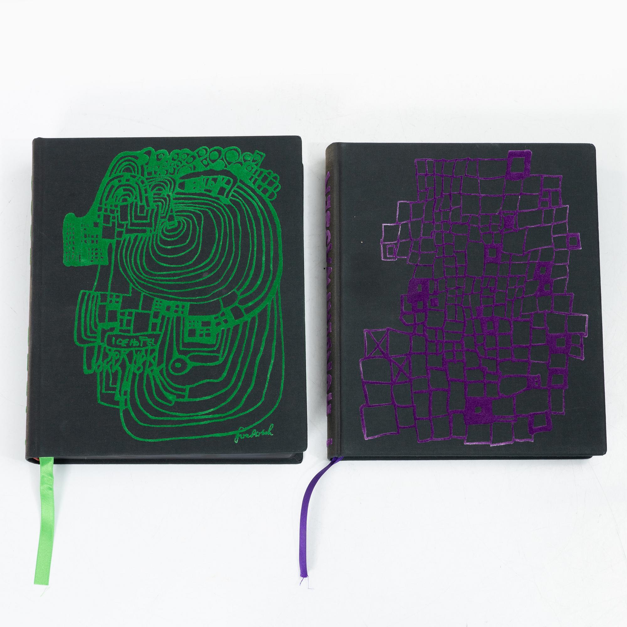 Friedensreich Hundertwasser, Books, 2 vols, 9790/10000, with accompanying colour etching, stamped signature and numbered 1004/2000. Taschen, 2000, Cologne.