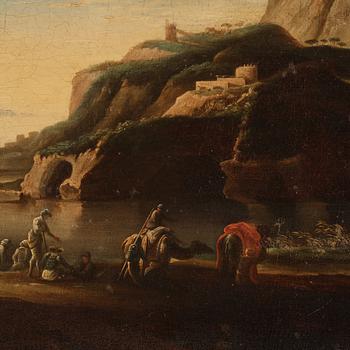 Claude Joseph Vernet, After, Mountain landscape with figures by the water.