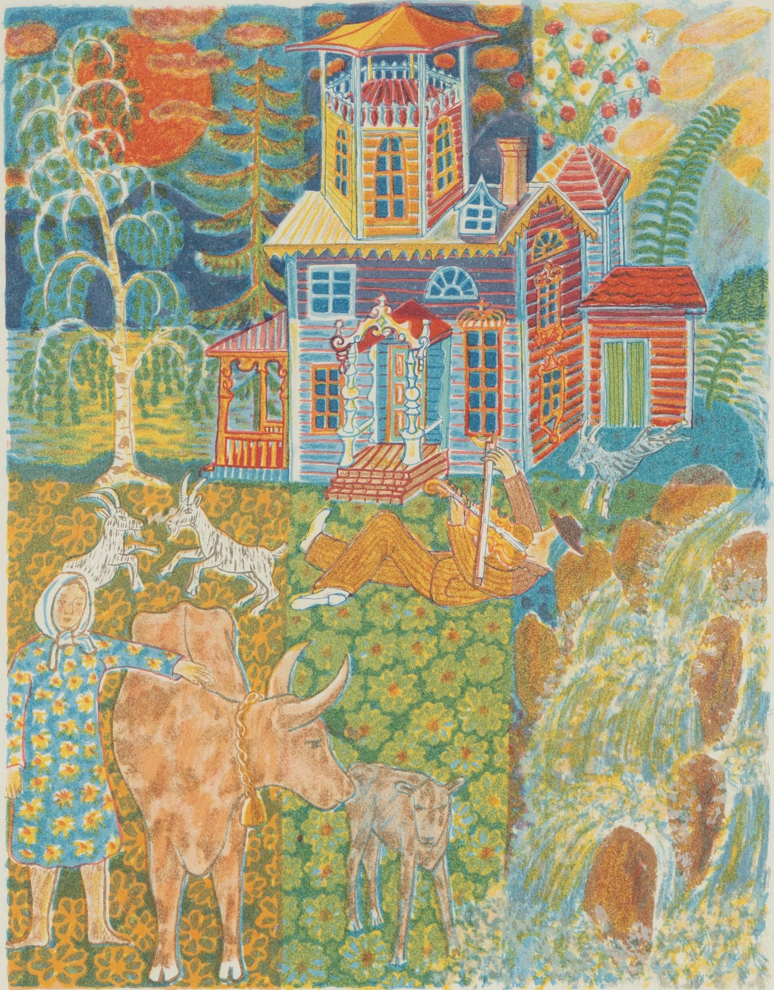 Mårten Andersson, Fiddler and cows in front of a house.