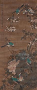 889. A Chinese scroll painting, ink and colour on silk laid on paper, Qing dynasty, 19th Century, after Yun Bing.