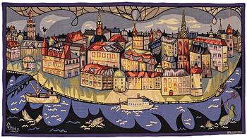 226. Lars Gynning, A TAPESTRY, "La Vieille Ville" ("Gamla Stan"), tapestry weave, ca 115,5-117 x 213 cm, signed Gynning PF AUBUSSON.