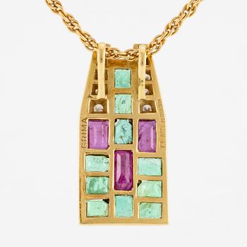 An Andrew Grima pendant in 18K gold set with step-cut emeralds, rubies and round brilliant-cut diamonds.