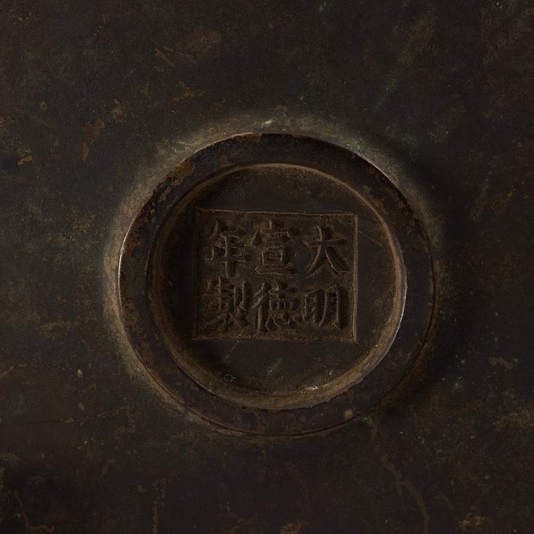 A large bronze tripod censer, Ming dynasty (1368-1644), with Xuande six character mark.