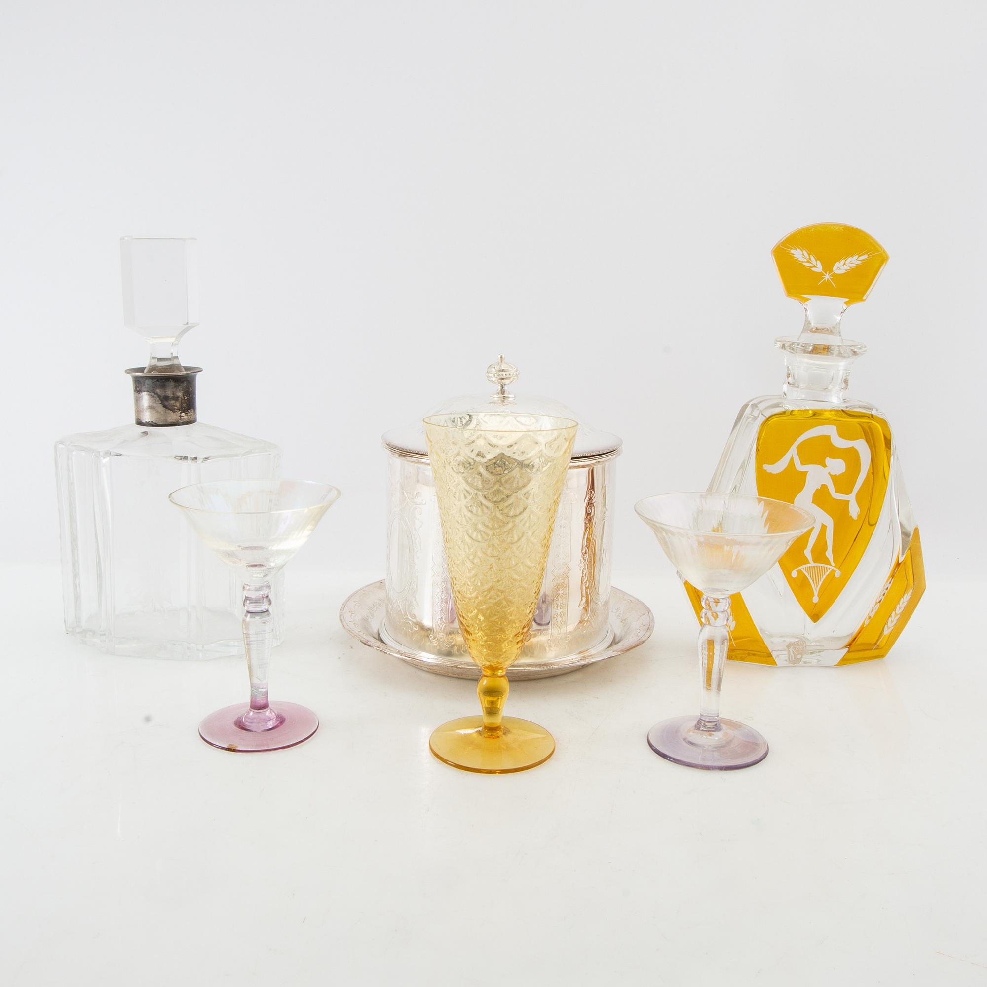 Drink set with ice bucket, cooler, glasses, etc. first half/mid 20th century.