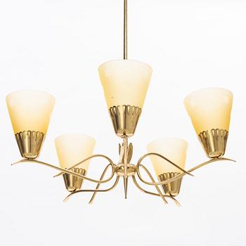 Taklampa, mässing och glas, Swedish Modern, 1940-tal.