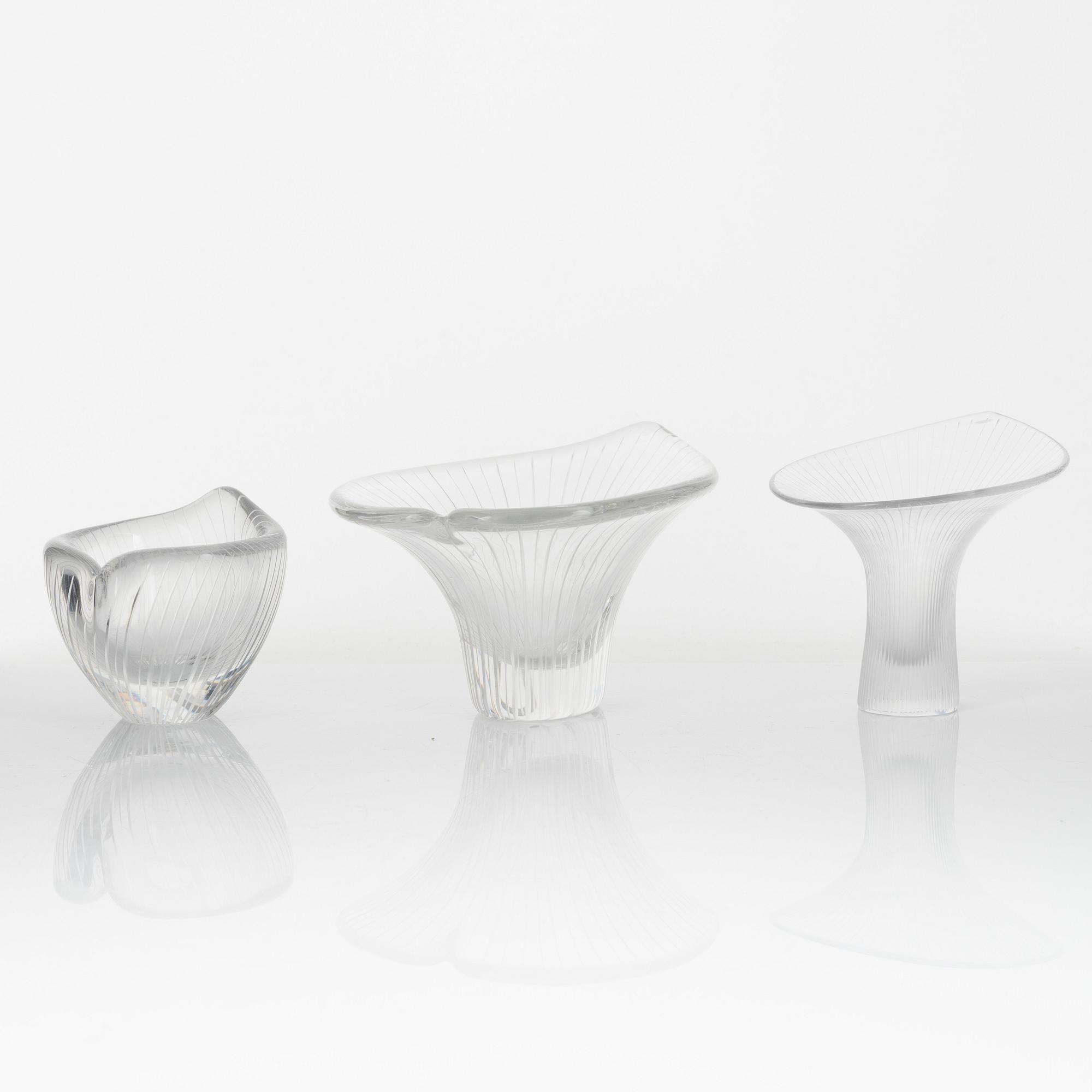 Tapio Wirkkala, two glass bowls and a 'Kantarelli' vase, Iittala, Finland.