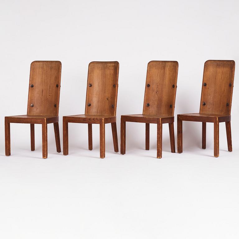 Axel Einar Hjorth, a set of four "Lovö" stained pine chairs, Nordiska Kompaniet 1930s.