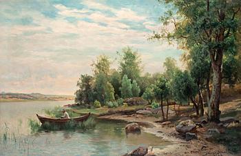 Jacob Silvén, View of a lake with angling man in a boat.