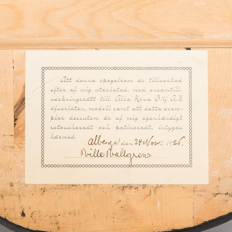 Ville Vallgren,  a wall mirror, signed and label marked, 1920s.